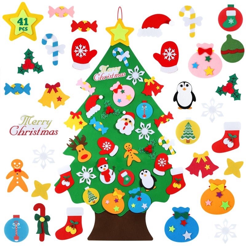 TOBEHIGHER DIY Felt Christmas Tree - 3.6 FT, 41 Piece Ornament Set, 3D Design, Reusable Adhesive Pads, Green, Life-Size, Unisex, Christmas Theme, Art & Craft Kit for Kids - Image 1